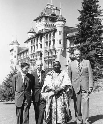 Rajmohan Gandhi, James Dickson, HH Oba Akisanya, Joel McCrea, B&W portrait photo