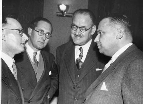 Dr. Helmuth Burckhardt, Chairman of the Advisory Council of the Shuman Plan Higher Authority, (with left to right) Ha, B&W portrait photo