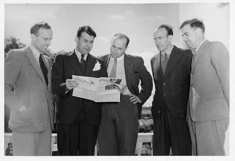 (Left to Right) Erich Peyer, Phillippe Mottu, Charles Ducommun, Robert Hahnloser, B&W portrait photo