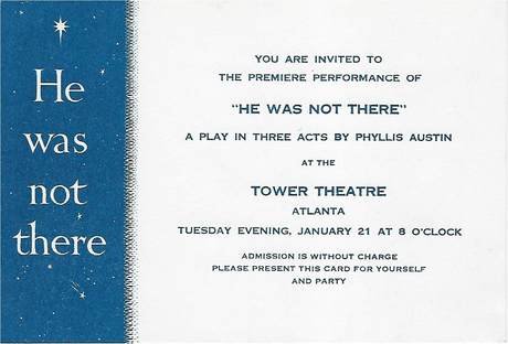 Invitation card for the premier of 'He Was Not There'