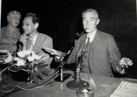 Robert Oppenheimer speaking at a press conference in Tokyo in September 1960